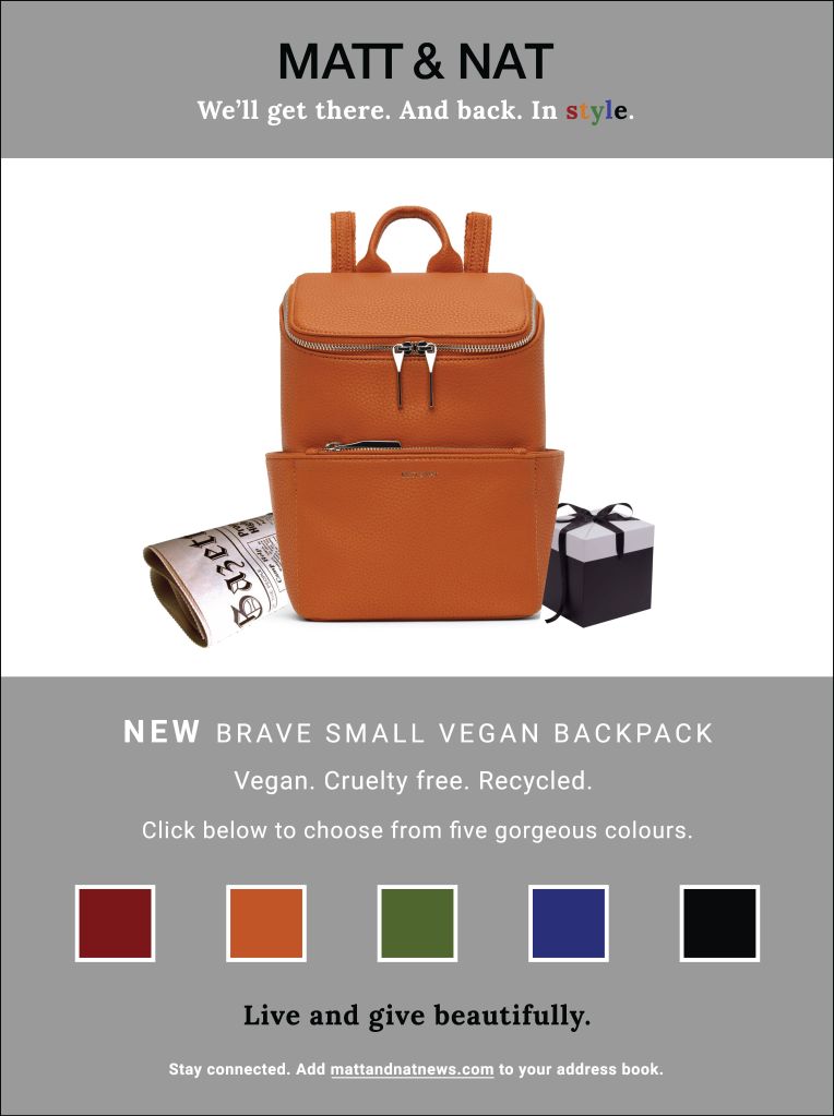 A graphic design in grey, orange, green, blue, black, and red displaying a small orange backpack, a newspaper and a small black and white gift box.