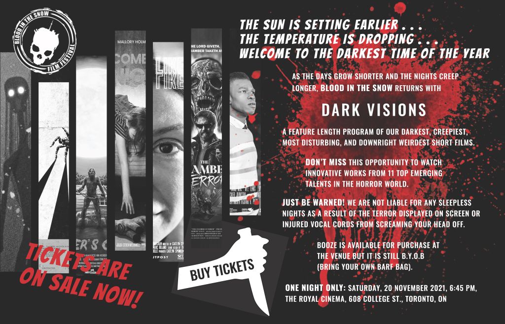 A black page filled with white text of various sizes and fonts with narrow images of different film posters, the Blood in the Snow Film Festival brand logo and a large blood splatter. 