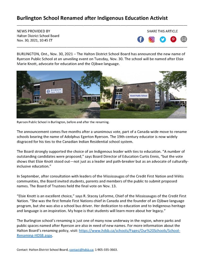 A white document with black text and two photos of the facade of the same building, the first with the sign reading Ryerson Public School and the second with a sign reading Knott Public School.