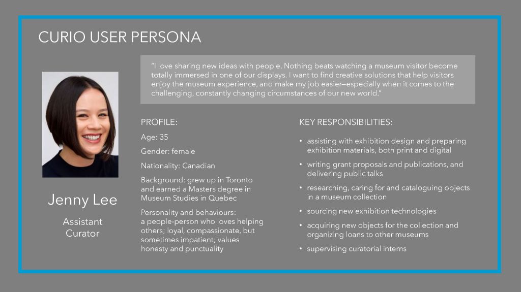 A document slide with a dark grey background and a blue border surrounding sections of white text and a bust-length photo of a smiling woman with short black hair. The title reads Curio user persona.