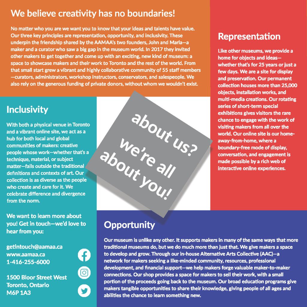 A document with coloured text blocks in red, orange, blue and aqua green with white text. The document title reads About Us? We're all about you!