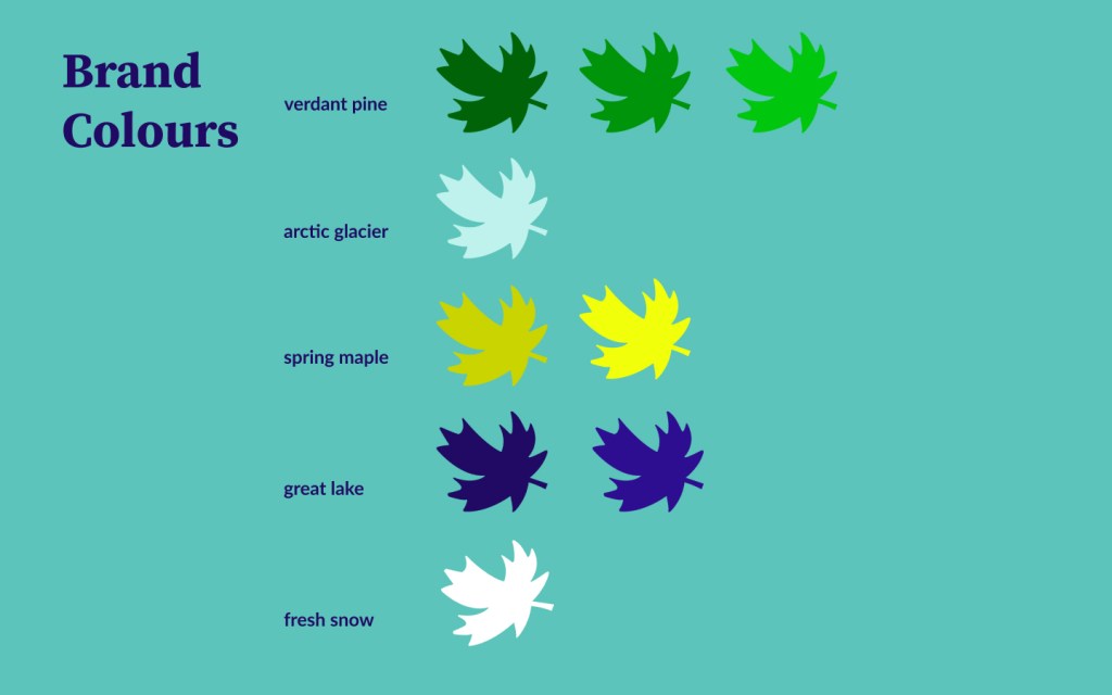 A document page that reads Brand Colours, with maple leaf symbols illustrating each brand colour and variation, including verdant pine, arctic glacier, spring maple, great lake and fresh snow.