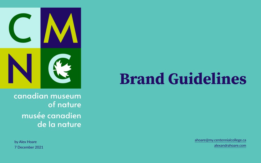 A document cover that reads Brand Guidelines, Canadian Museum of Nature, Musee Canadien de la nature, with a square logo divided into four equal square segments of different colours each containing the letters C, M, N, C. Click on the image to link to the associated project.