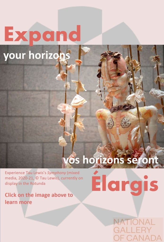 A document cover with pale pink and grey graphic elements and text, and a photo of a mixed-media figurative sculpture.