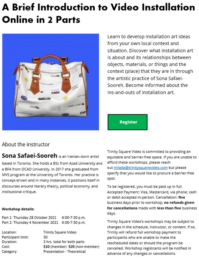 A web template for a workshop listing, with a white background and black text, and an image of a handbag against a blue background.