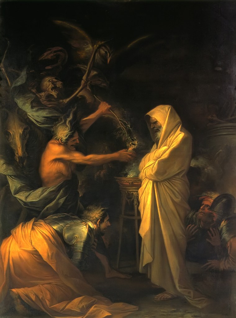 A dark room with a white old man who wears a white cloak and hood and is surrounded by the figures of a standing witch, three kneeling soldiers, a skeleton and demons.