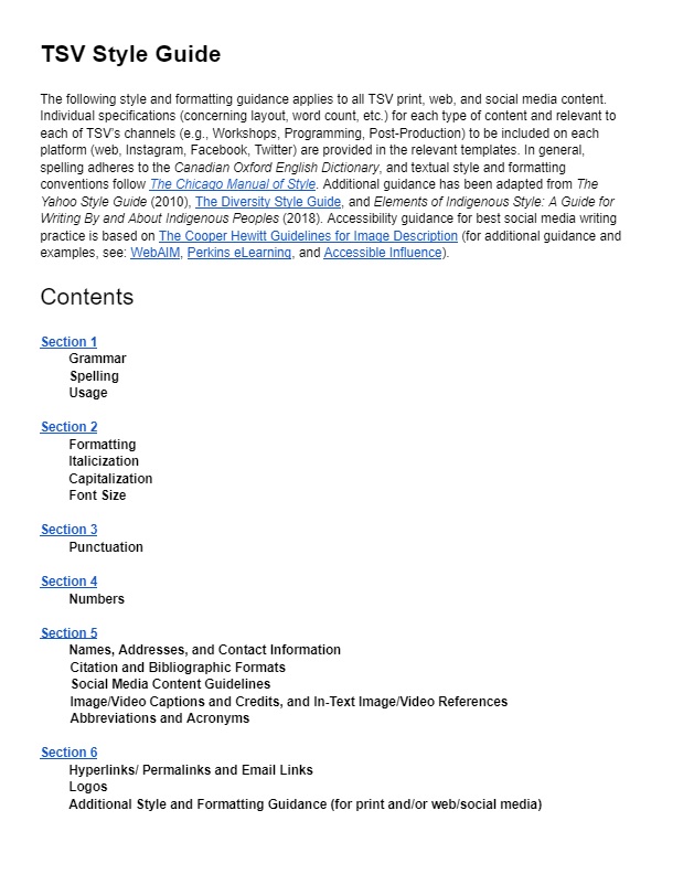 A document with a white background and black text, with a title that reads TSV Style Guide.