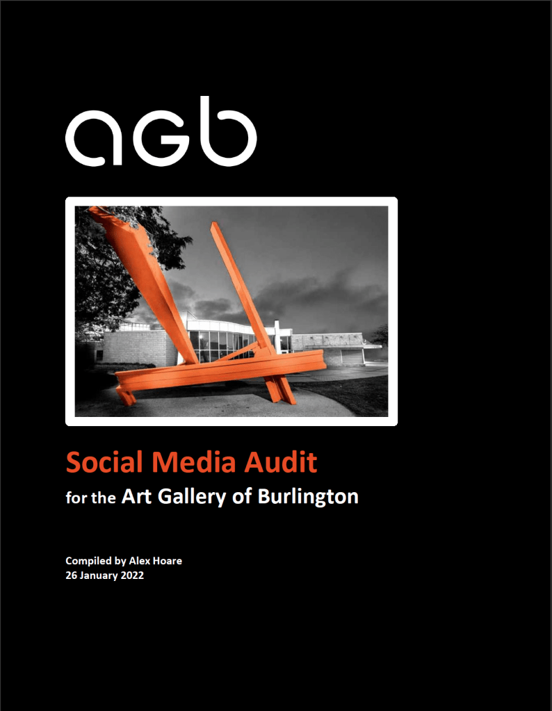 A document cover that reads a g b a social media strategy for the art gallery of burlington, with a picture of the gallery's facade and a large public sculpture in front of it.