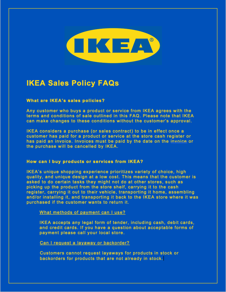 A document with a blue background and yellow text, with the IKEA brand logo in yellow at the top. The title reads IKEA Sales Policy FAQs.