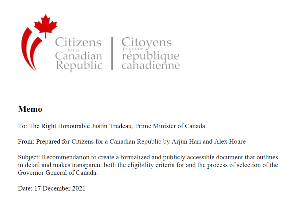 A document header that reads Citizens for a Canadian Republic, Memo.