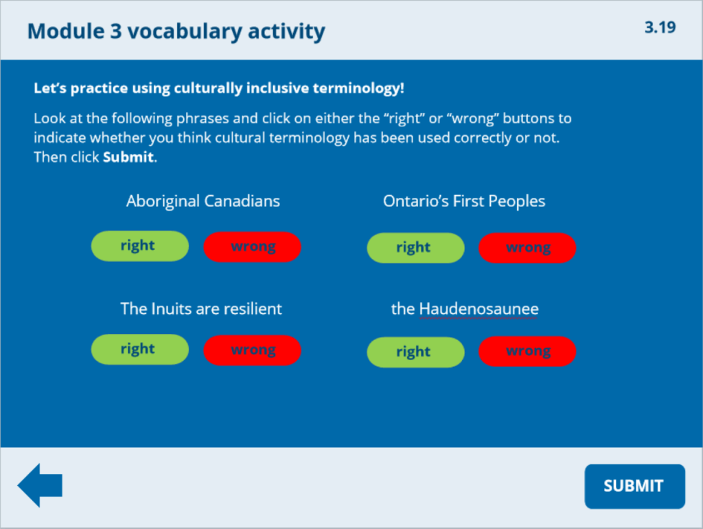 A slide that reads Module 3 vocabulary activity, with a game that asks learners to choose the correct terminology from among different options.