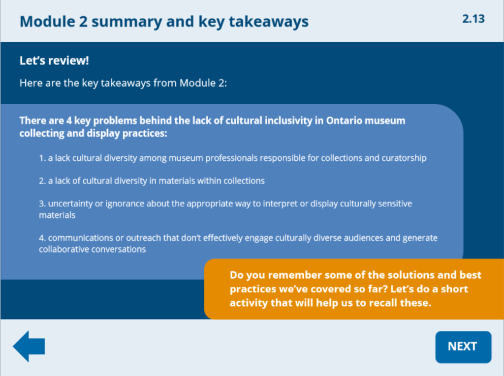 A slide that reads Module 2 summary and key takeaways, with information outlined for the learner.