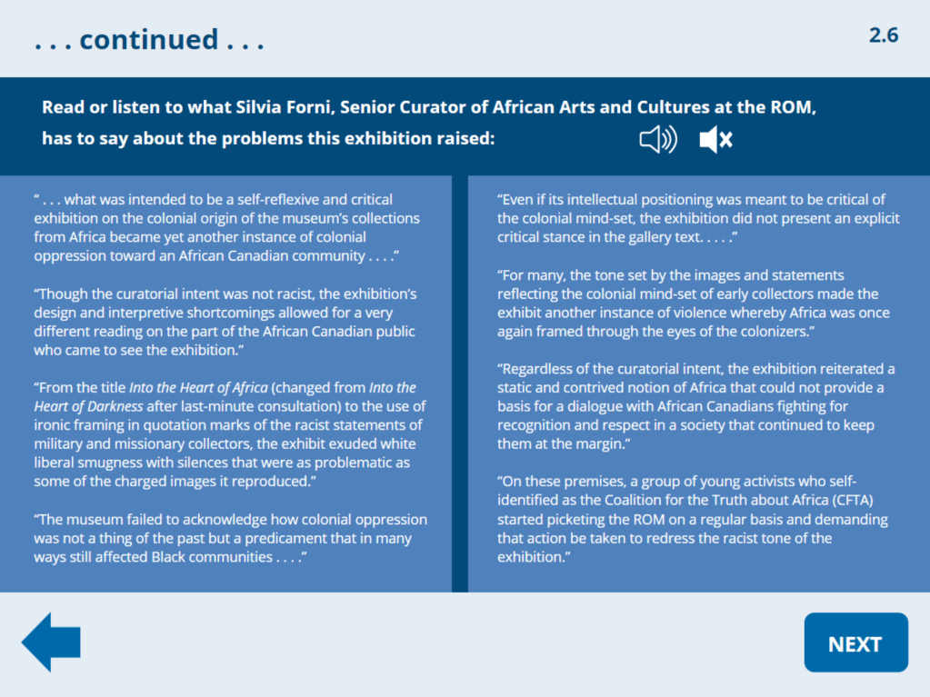 A slide with additional information about the problematic exhibition and protest at the Royal Ontario Museum.