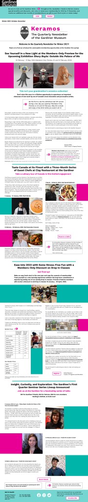 An e-newsletter with texts, images and graphic elements in white, black, pink and aqua.