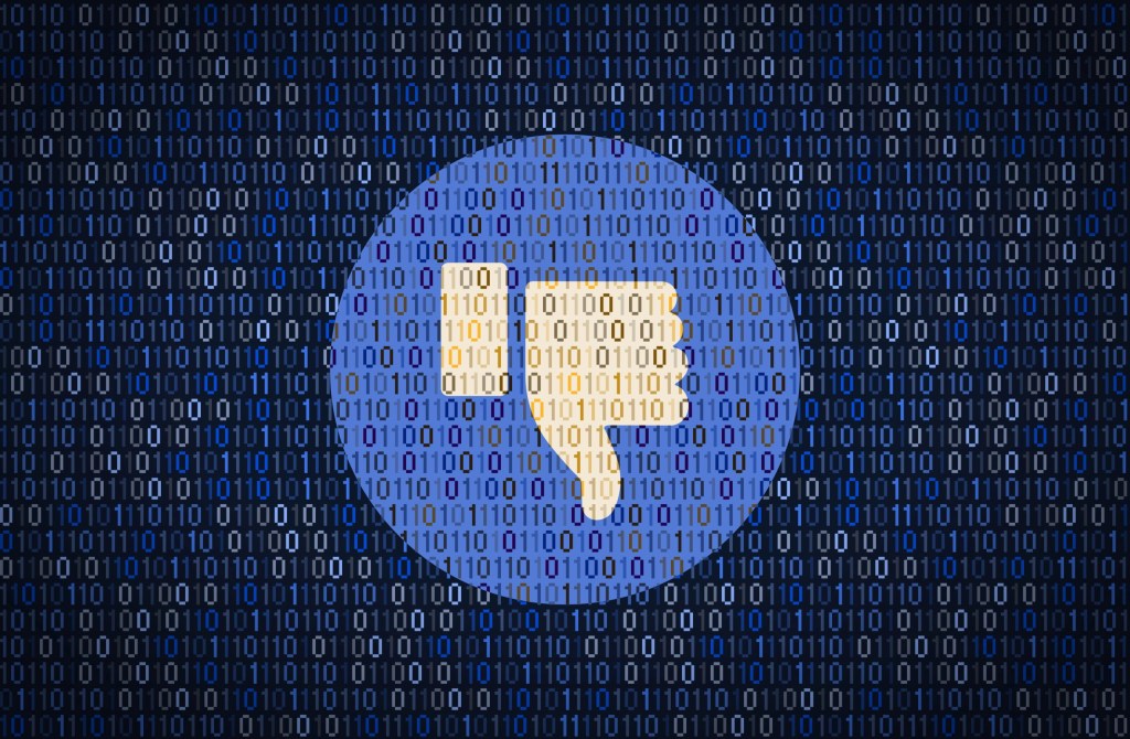 The Facebook thumbs up symbol in blue and white, displayed upside down.