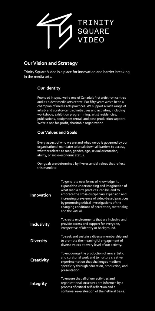 A black document with white text, with the TSV or Trinity Square Video logo at the top.