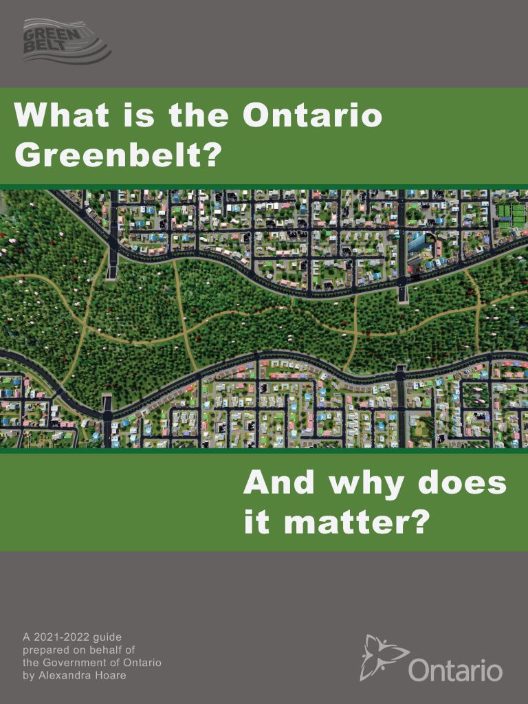 A document cover that reads What is the Ontario Greenbelt? And why does it matter? with an aerial photograph of a suburb bisected by a large band of green forest.